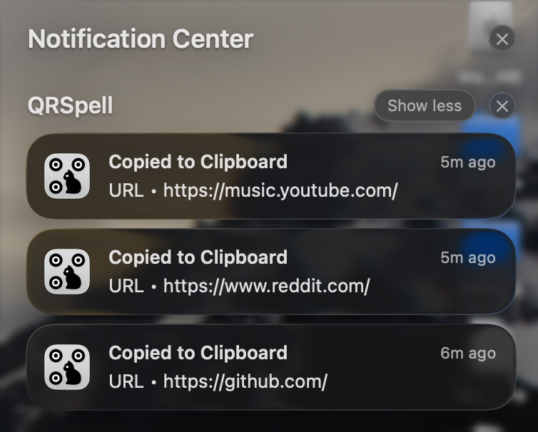 QRSpell notifications showing copied QR code results in Notification Center