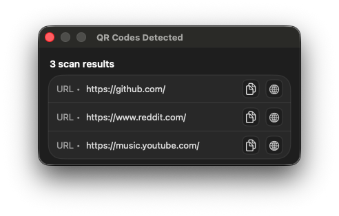 QRSpell results window showing three detected QR code values with copy and open actions