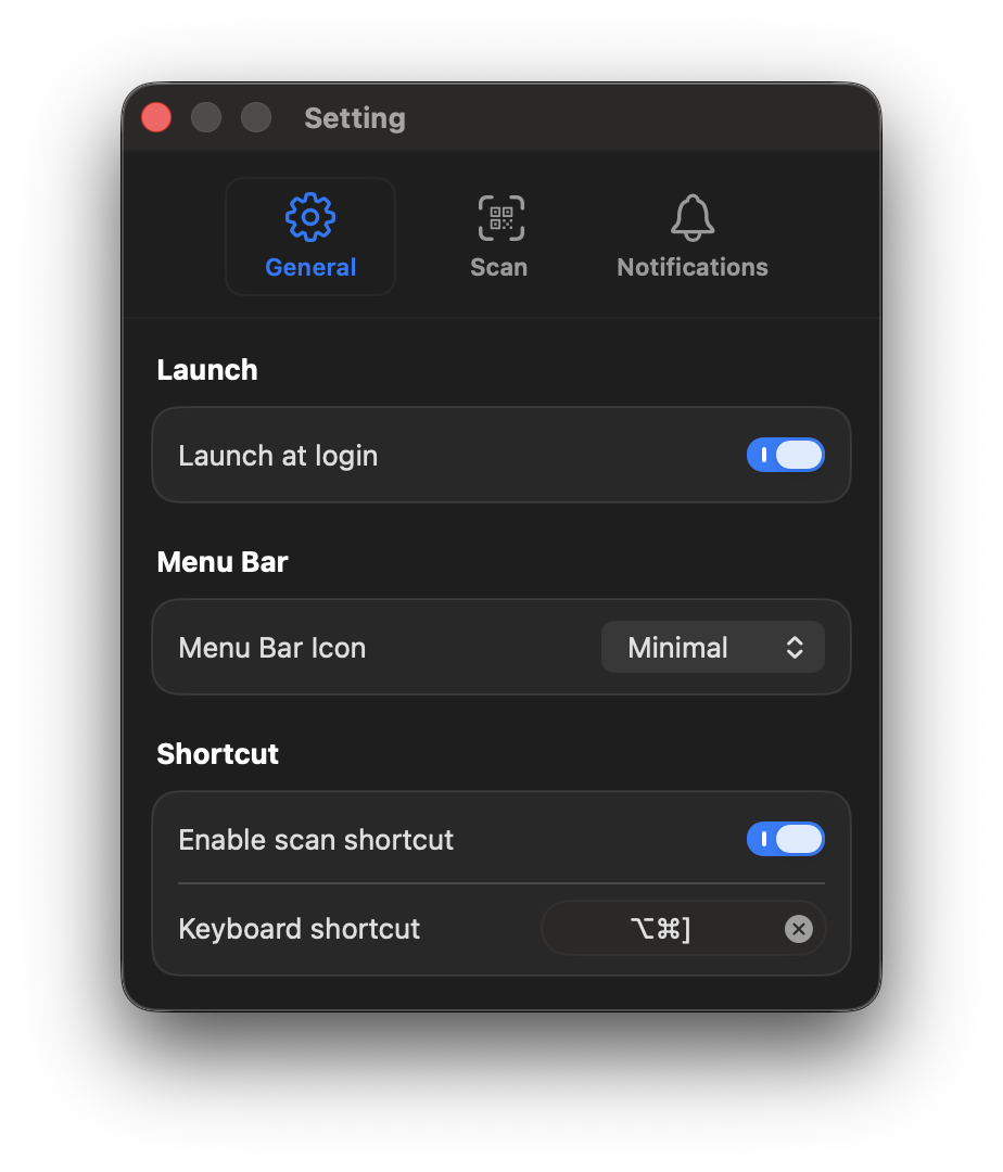 QRSpell General settings with launch at login, menu bar icon, and shortcut controls