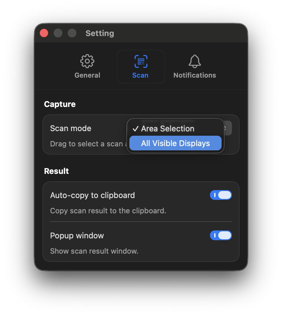 QRSpell Scan settings with scan mode and result options