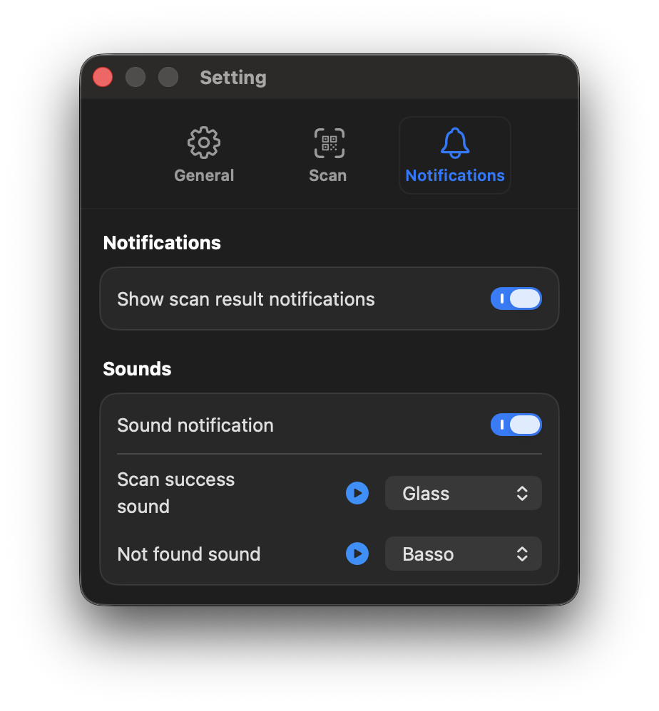 QRSpell Notifications settings with scan result notifications and sounds